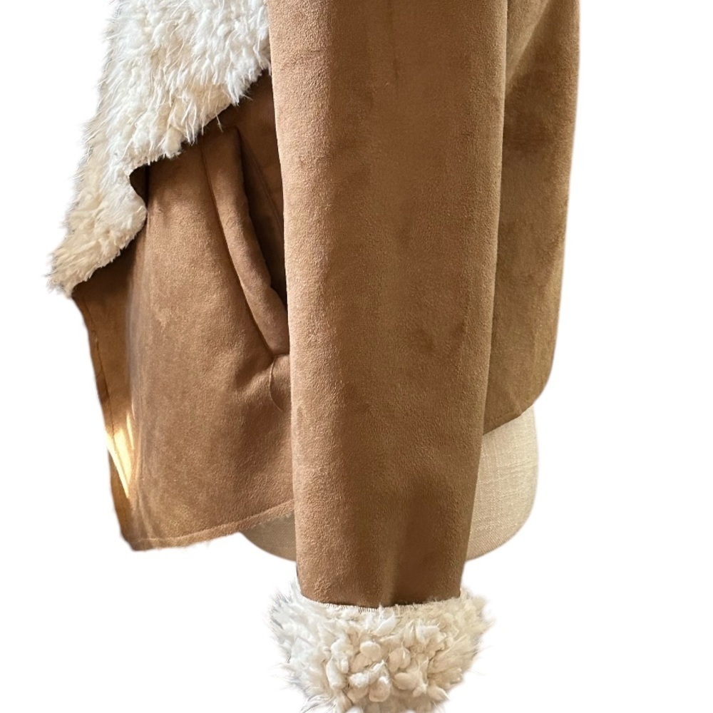 Women's Tan and Cream Shearling Jacket ~ Vegan Sherpa & Suede by Me Jane - Picture 12 of 16
